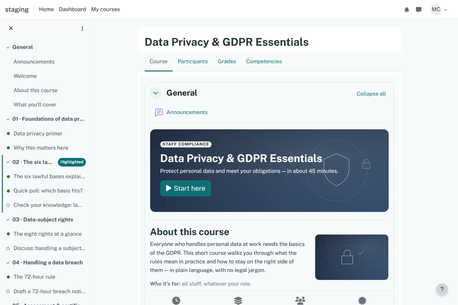 Clinic Moodle theme &mdash; the Data Privacy course home page.