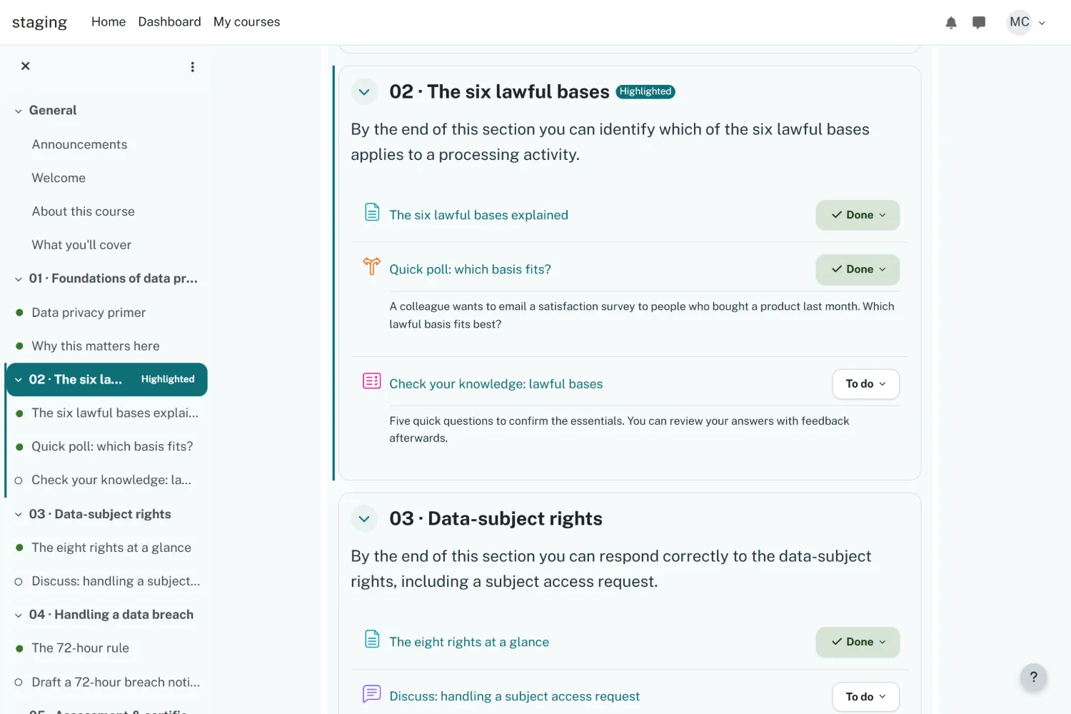 Clinic Moodle theme &mdash; a course module with colour-coded activities and progress.