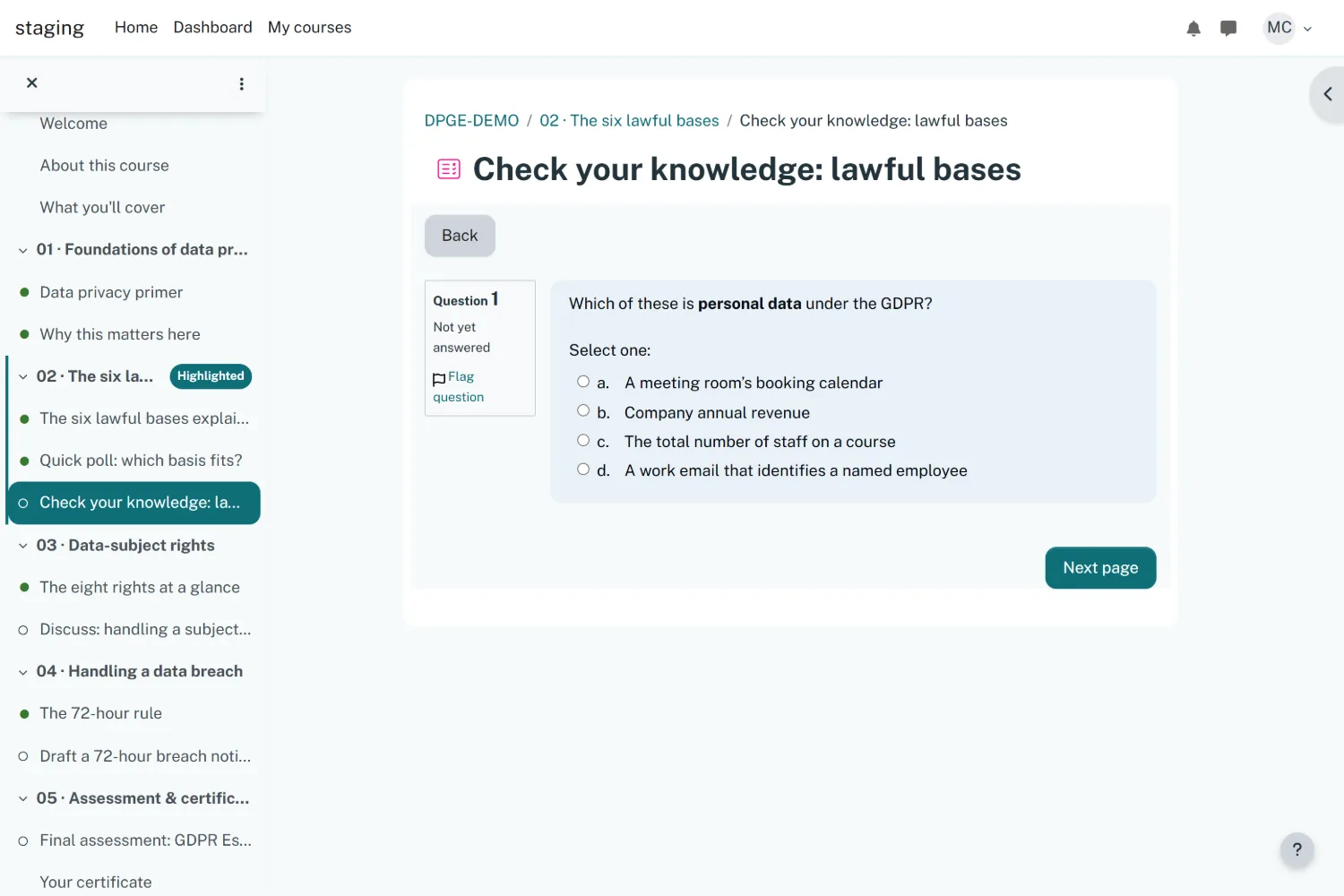 Clinic Moodle theme &mdash; a quiz question as a learner sees it.