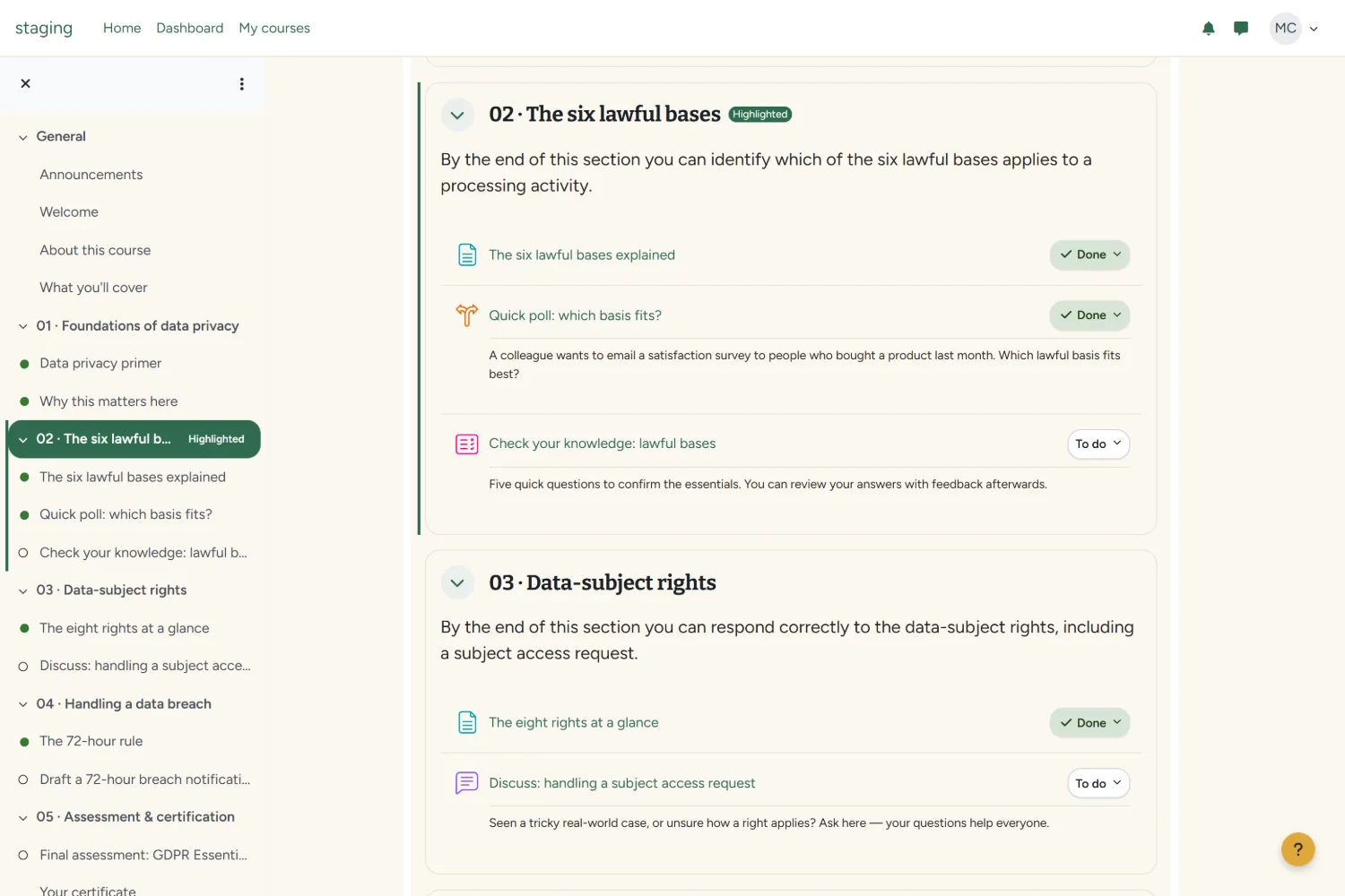 Commons Moodle theme &mdash; a course module with colour-coded activities and progress.