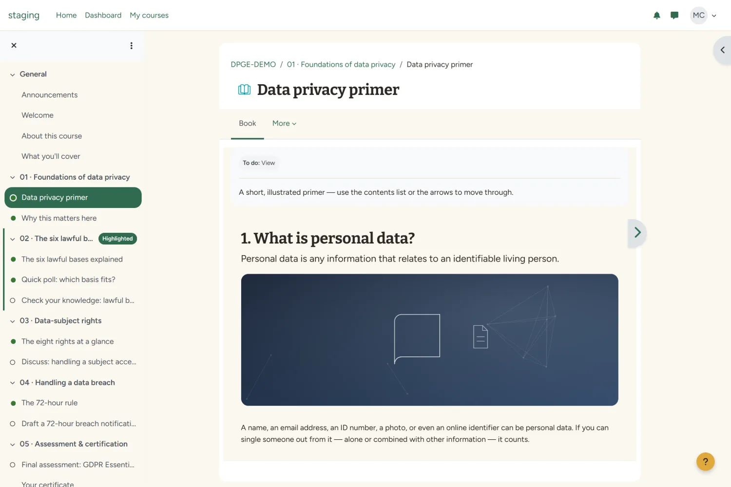 Commons Moodle theme &mdash; a lesson page with chapter navigation.