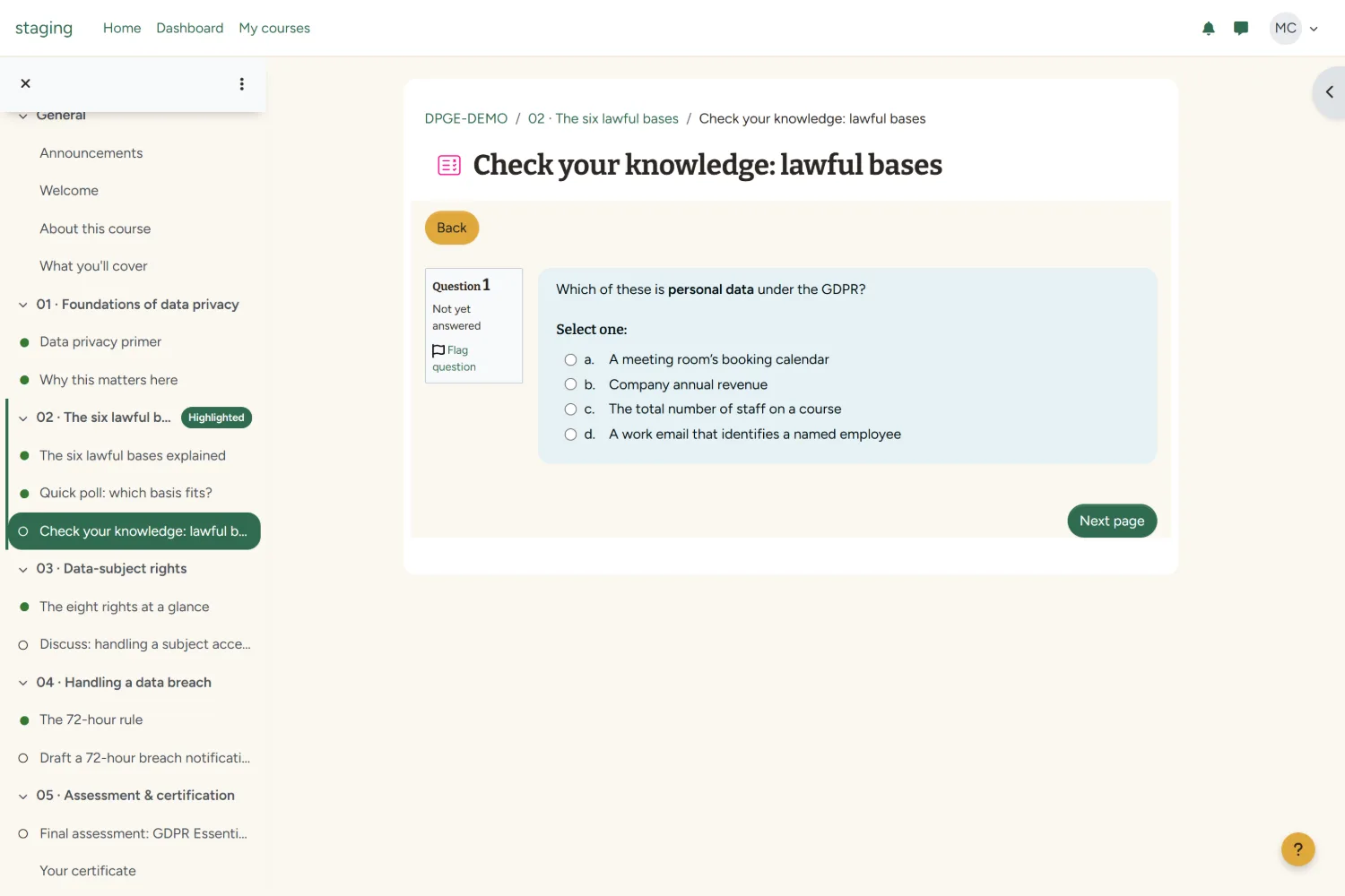 Commons Moodle theme &mdash; a quiz question as a learner sees it.