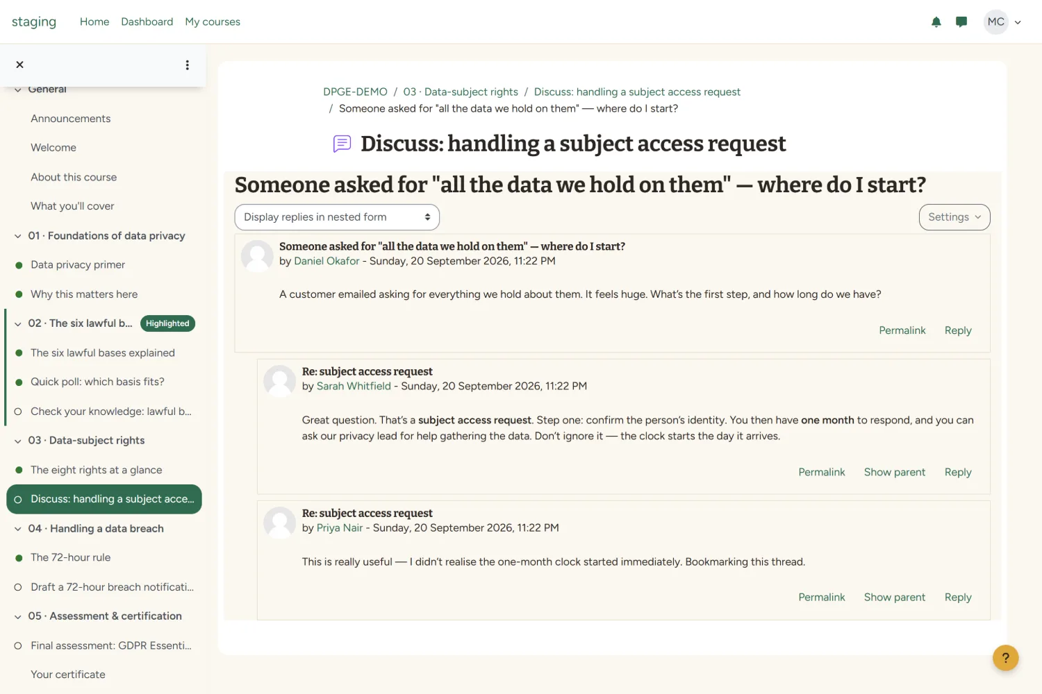 Commons Moodle theme &mdash; a discussion forum thread.