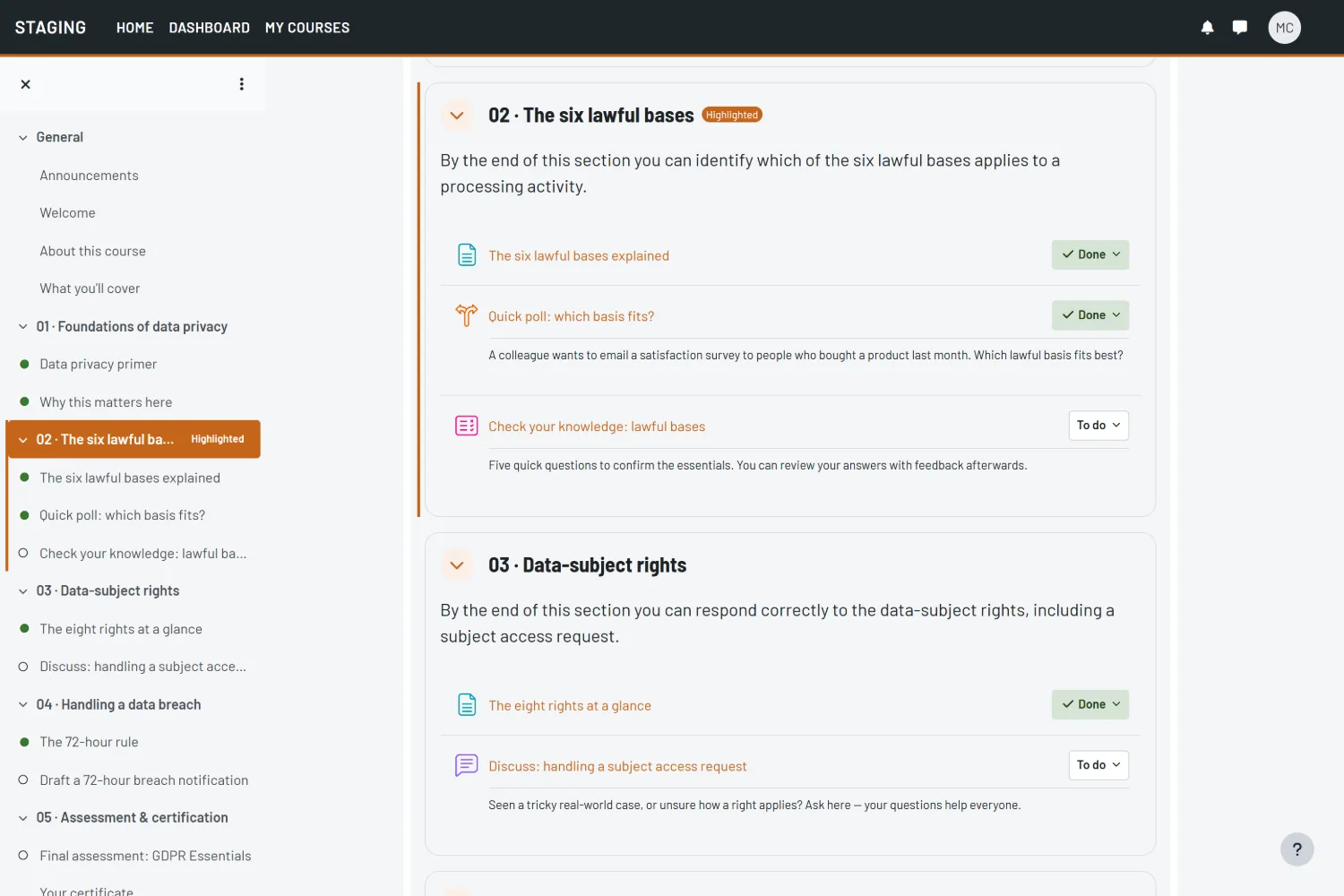 Foundry Moodle theme &mdash; a course module with colour-coded activities and progress.