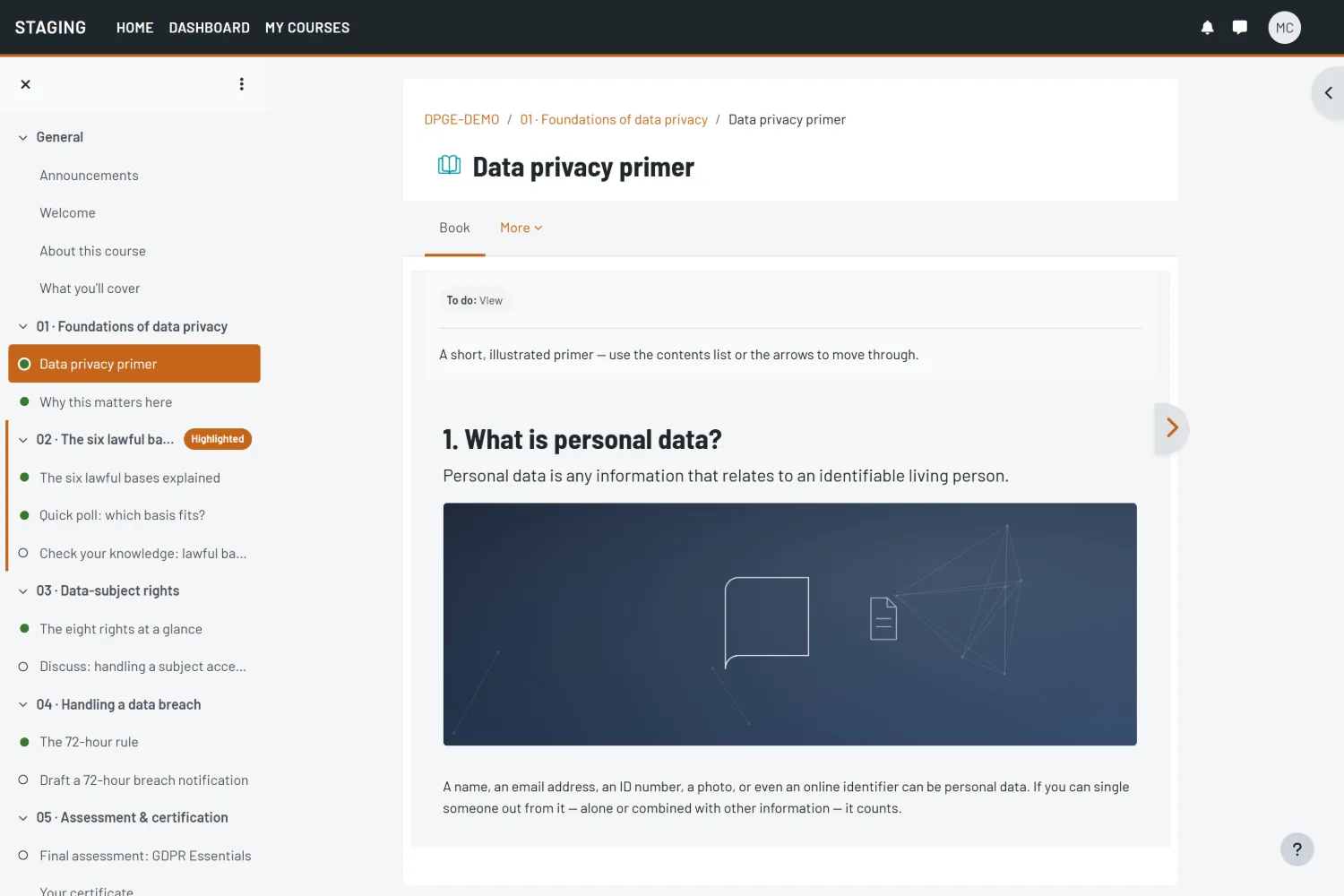 Foundry Moodle theme &mdash; a lesson page with chapter navigation.