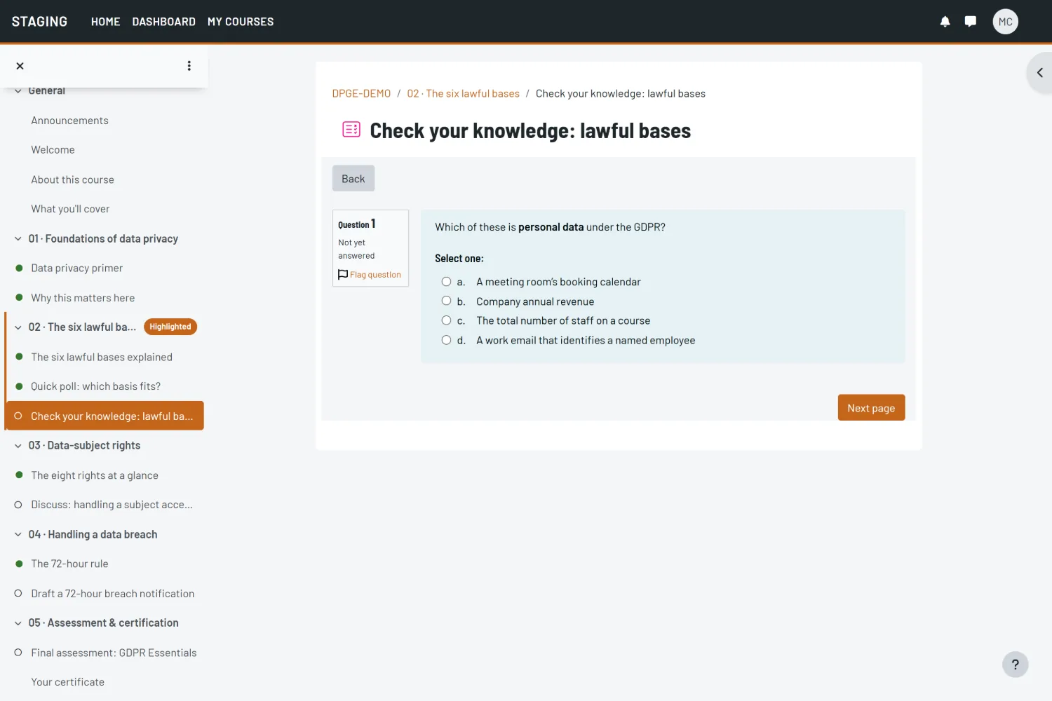 Foundry Moodle theme &mdash; a quiz question as a learner sees it.