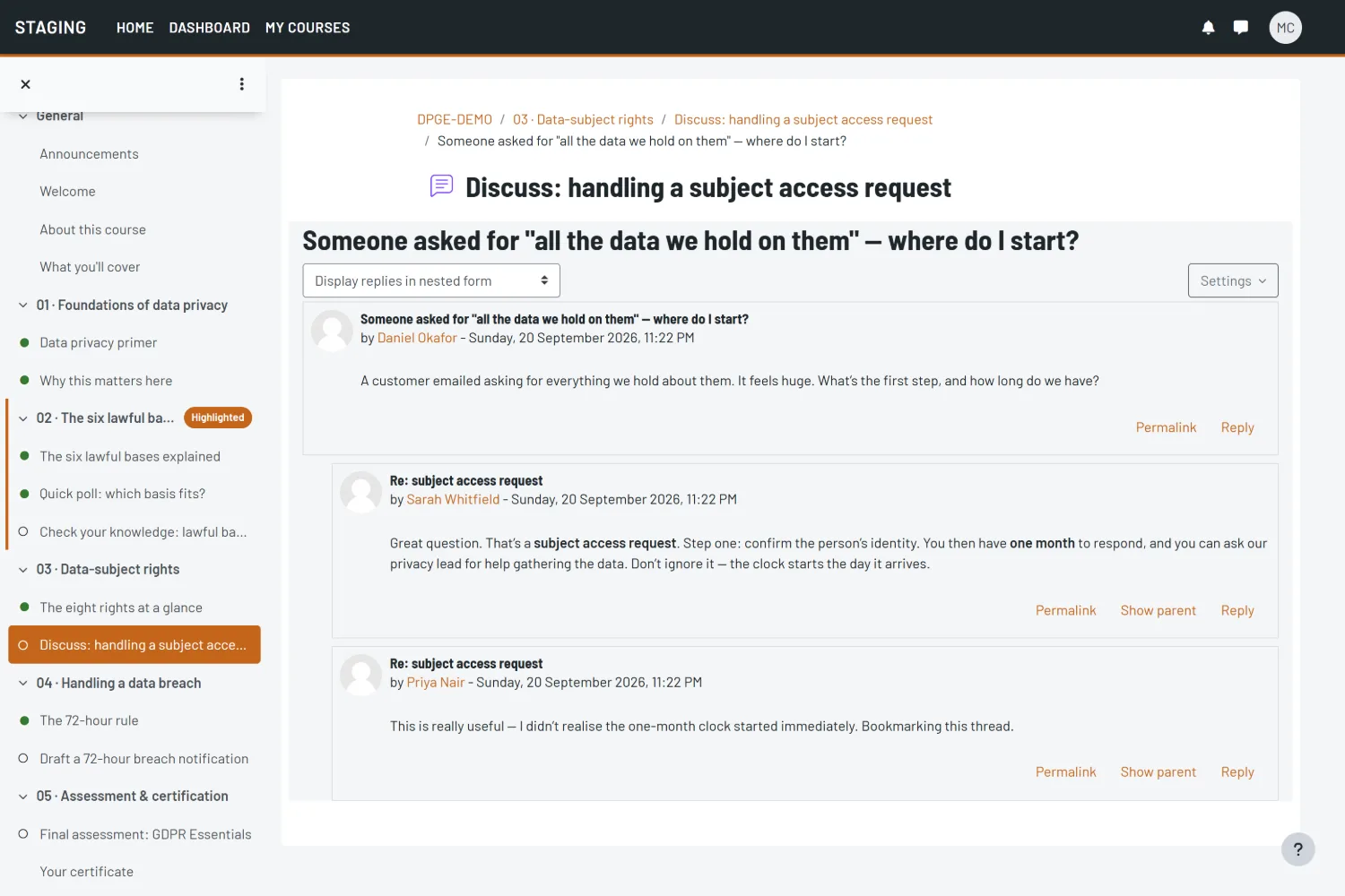 Foundry Moodle theme &mdash; a discussion forum thread.