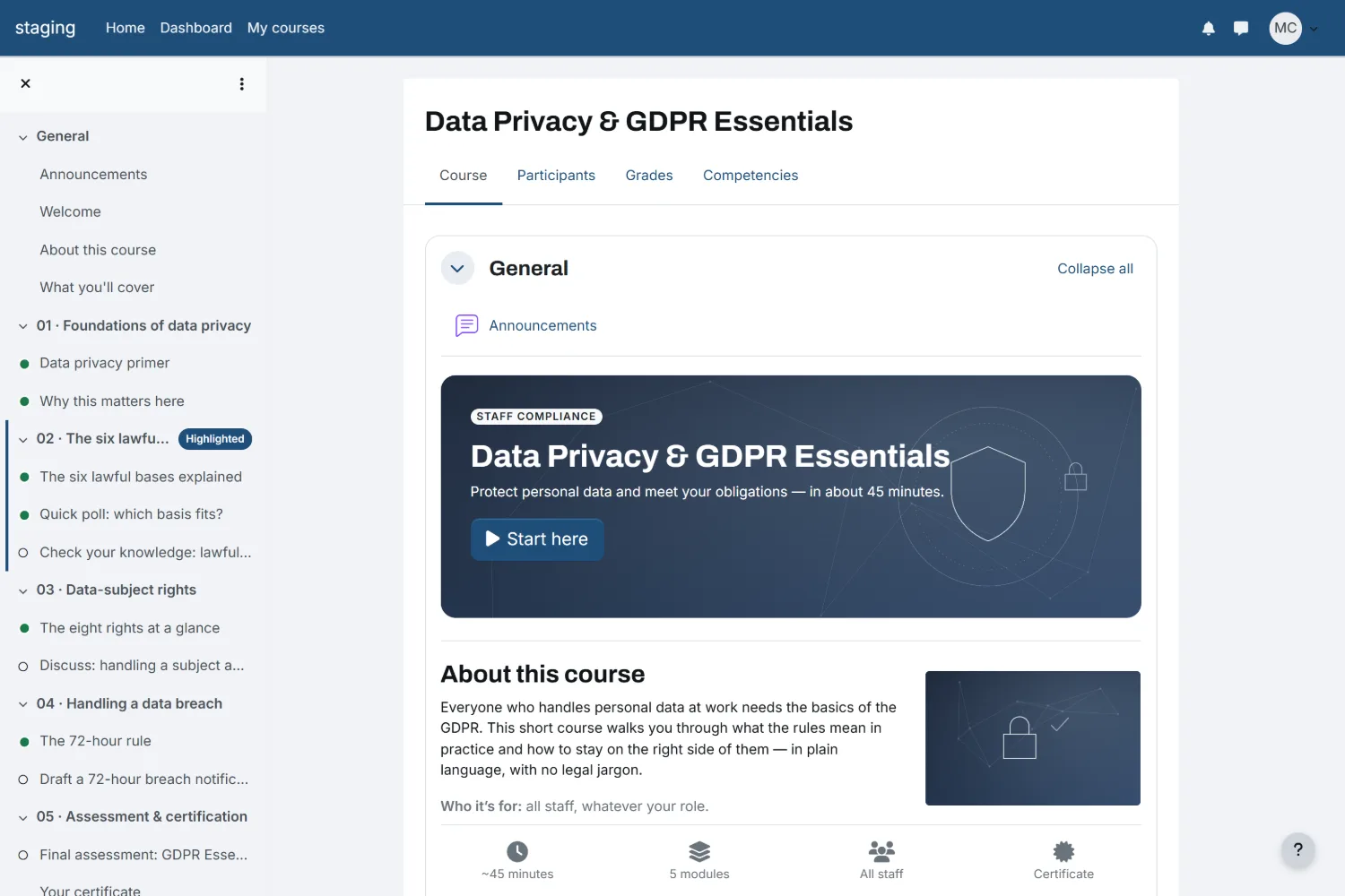 Ledger Moodle theme &mdash; the Data Privacy course home page.