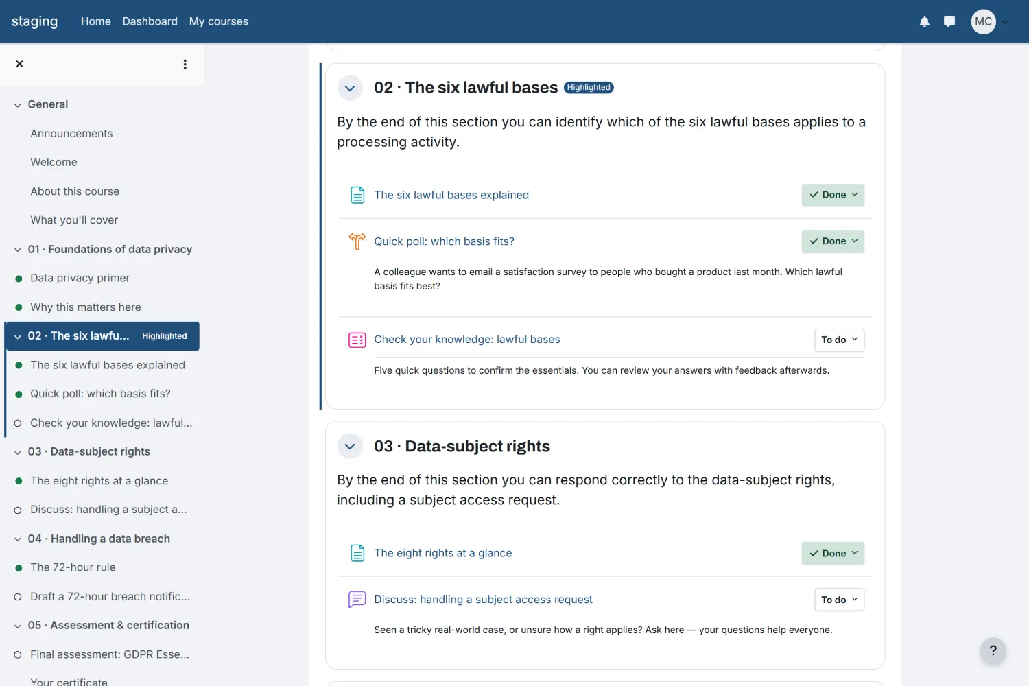 Ledger Moodle theme &mdash; a course module with colour-coded activities and progress.