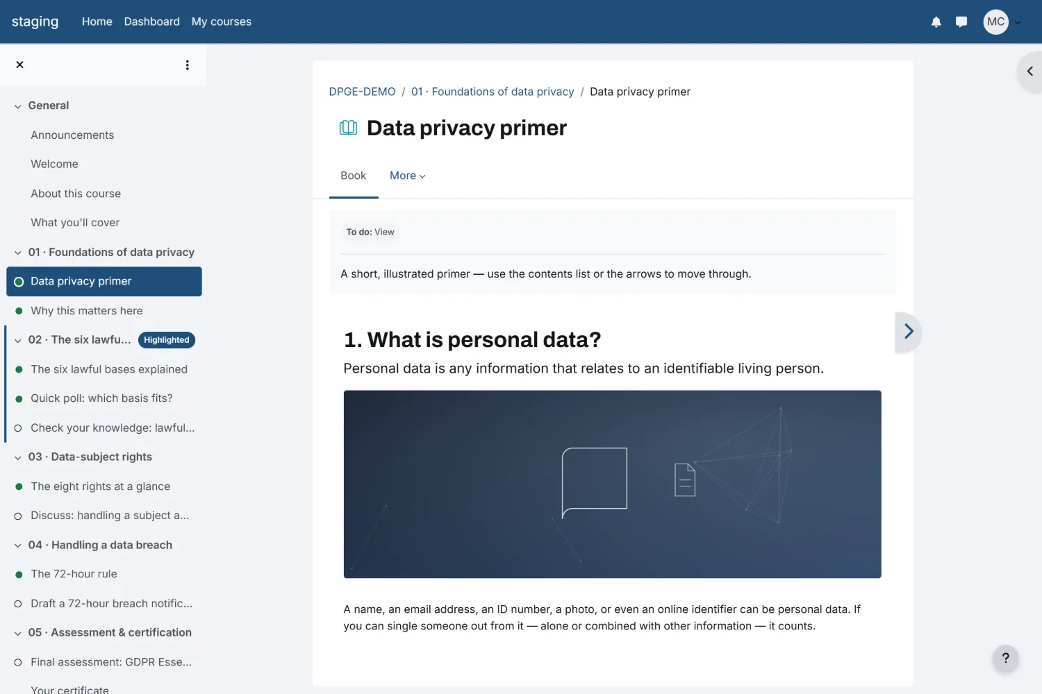 Ledger Moodle theme &mdash; a lesson page with chapter navigation.