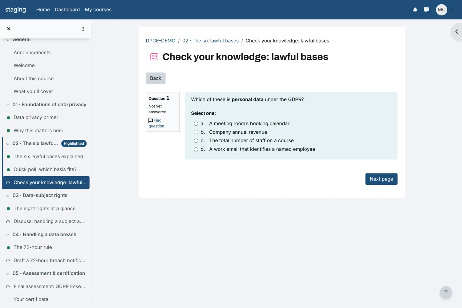 Ledger Moodle theme &mdash; a quiz question as a learner sees it.