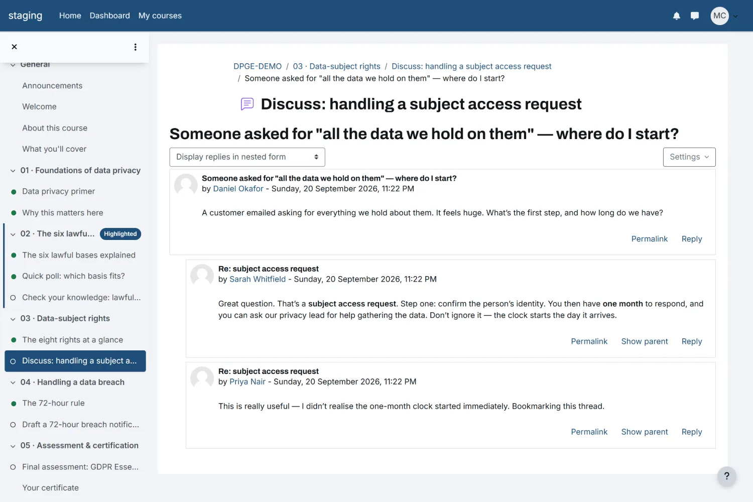 Ledger Moodle theme &mdash; a discussion forum thread.