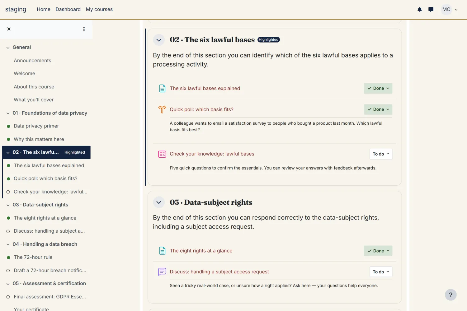 Quad Moodle theme &mdash; a course module with colour-coded activities and progress.
