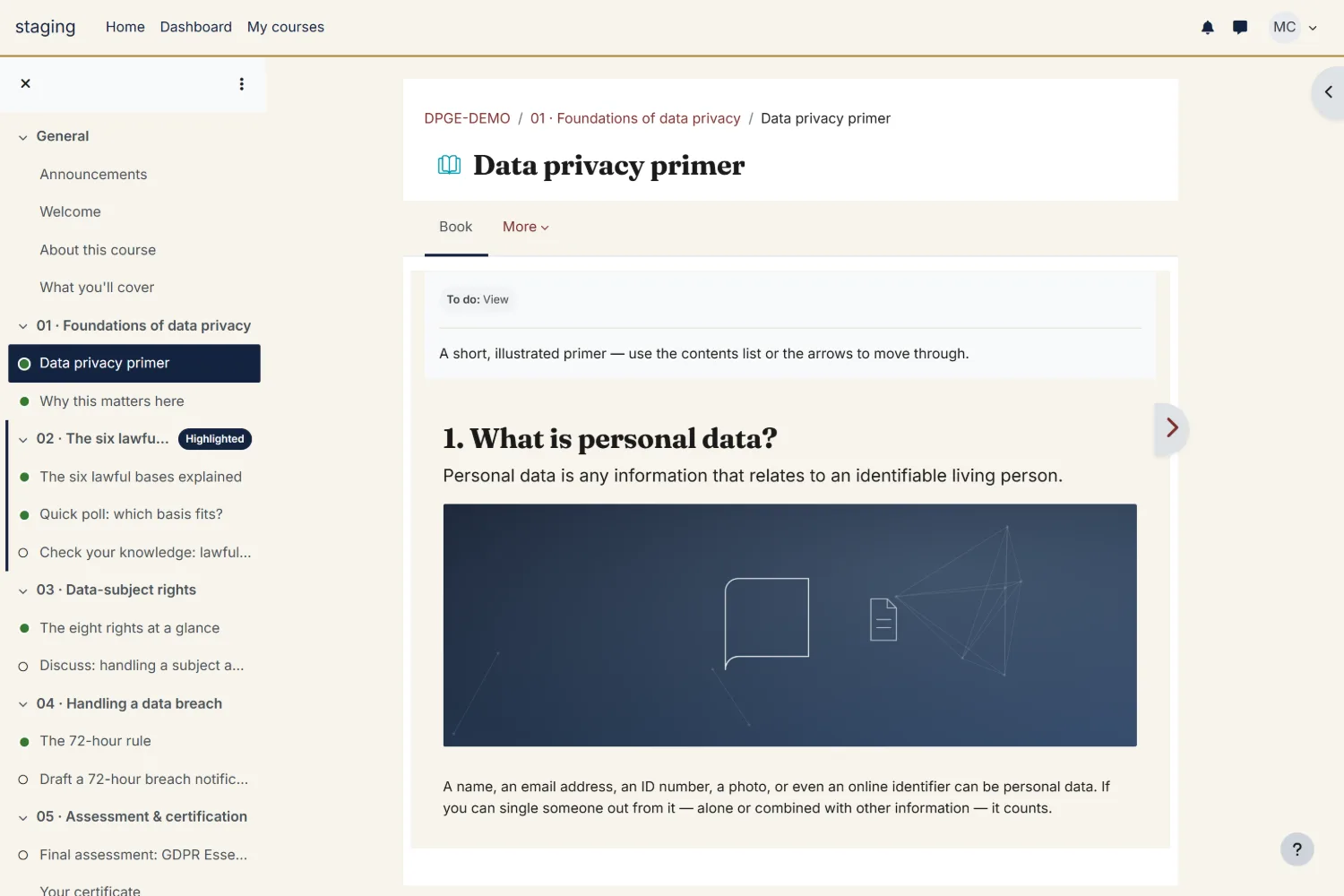 Quad Moodle theme &mdash; a lesson page with chapter navigation.