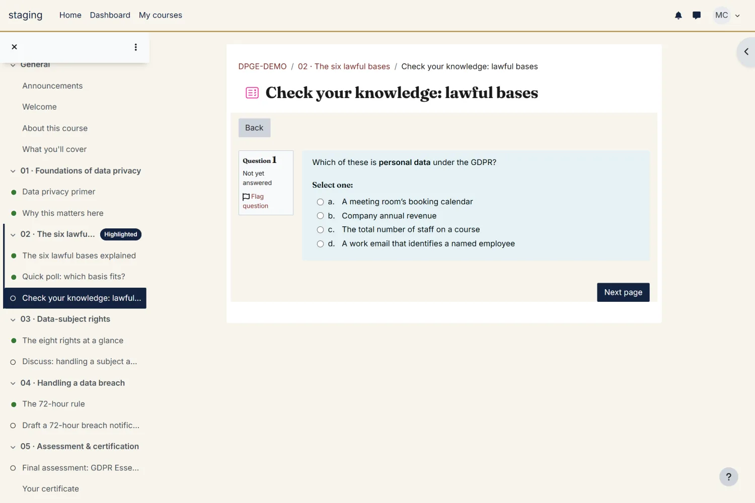 Quad Moodle theme &mdash; a quiz question as a learner sees it.